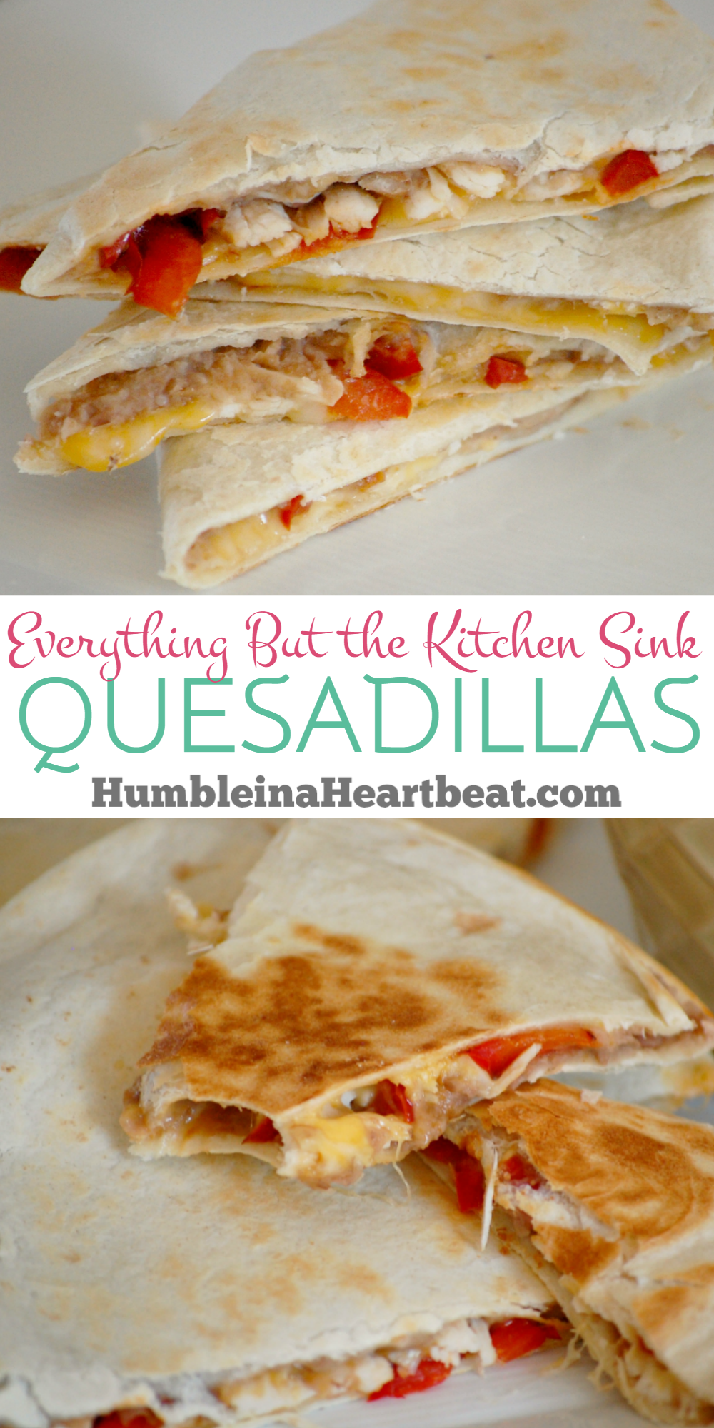 Everything But the Kitchen Sink Quesadillas are a great way to use up leftover food. Quick, easy, and very cheap to make! Oh, and they're kid approved!