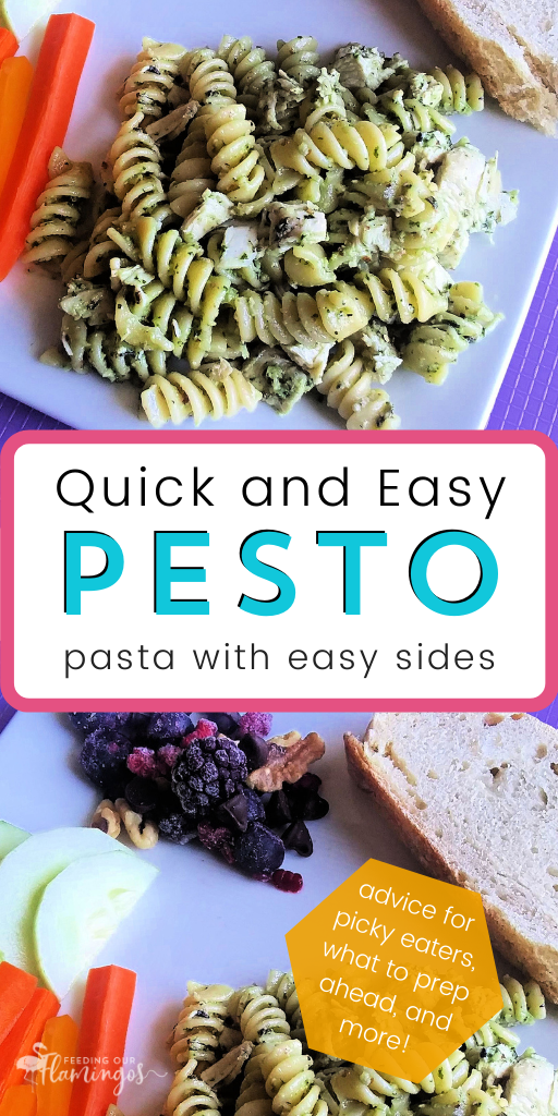 Quick and easy meals: pesto pasta with chicken, artisan bread, veggies and dip, and a berry nutty chocolate treat
