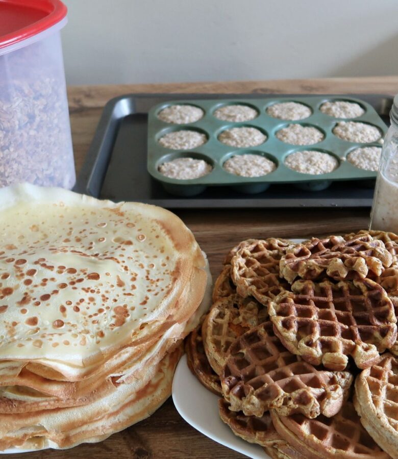 4 delicious breakfasts ready to freeze: granola, oatmeal, crepes, and waffles.