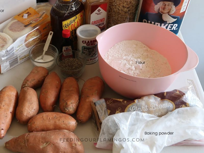 Here are the ingredients you'll need to make this month's freezer breakfast meal prep, which will be breakfast sandwiches, granola, and sweet potato muffins.
